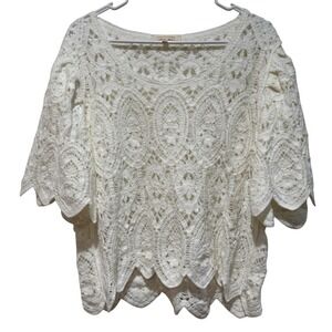 Solitaire White Crochet Lace Open Knit Flare Sleeve Top‎ Large L Boho Feminine
